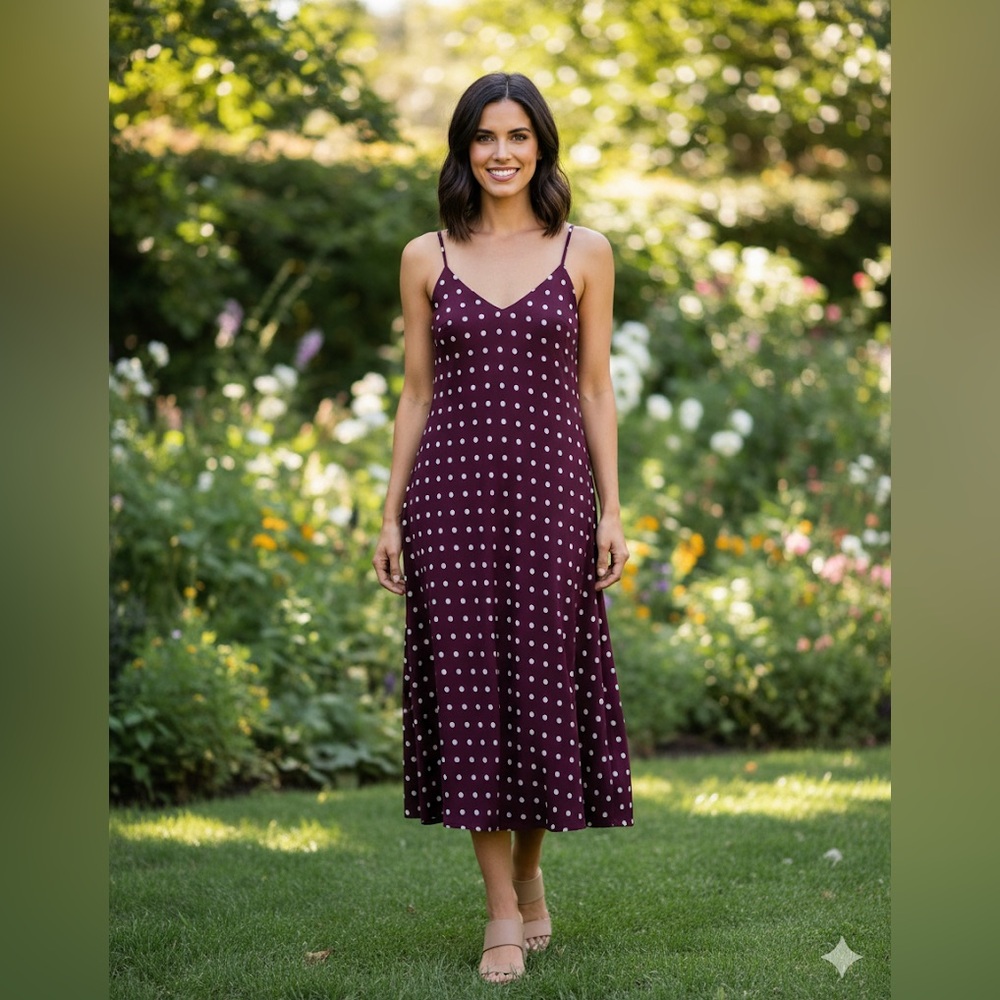 Skies Are Blue Maroon Polka Dot Spaghetti Strap Slip Dress- Small - Picture 1 of 7